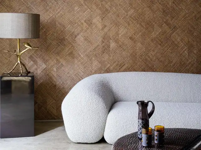 Taupe brown geometric wallcovering in a contemporary neutral room
