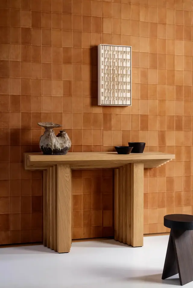 Tan stitched leather wallcovering in a refined interior