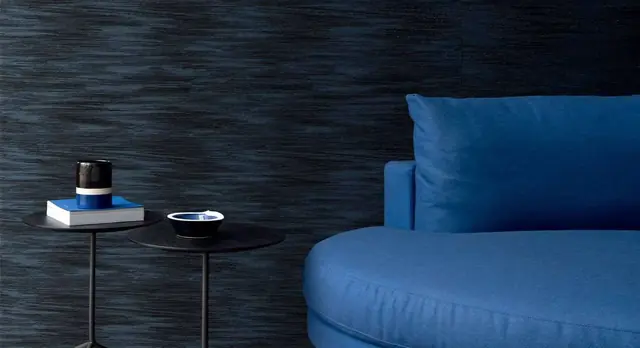 Deep blue woven textile wallcovering in a modern interior