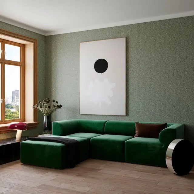 Green textured designer wallcovering in a contemporary living room