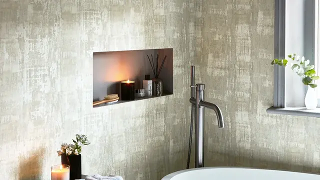 Textured vinyl wallcovering in a contemporary bathroom