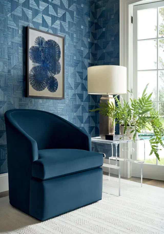 Thibaut Bali Weave navy natural wallcovering in a layered living room scheme