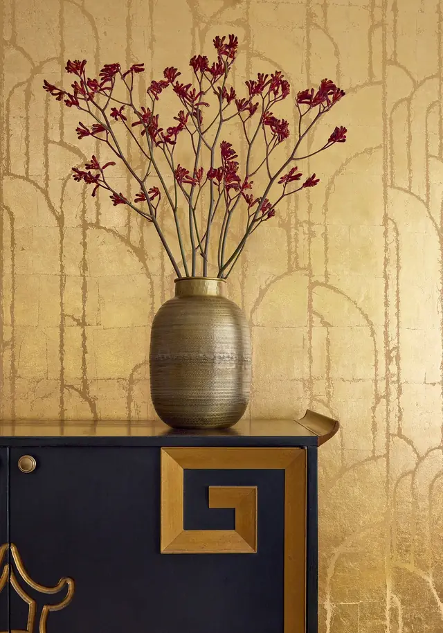 Close-up of Thibaut Deco Moon gold hand-laid metallic Art Deco wallcovering