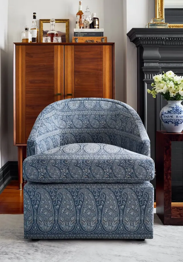 Armchair upholstered in blue Thibaut Emalin Paisley fabric