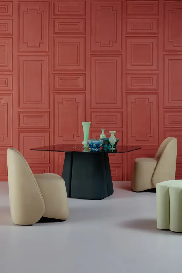 Terracotta 3D panel wallpaper with decorative moulding-inspired relief in a dining room