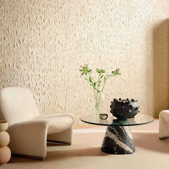 Cream embossed 3D wallcovering with raised organic relief