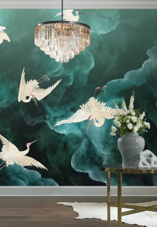 Bold feature wallpaper with a teal botanical crane mural used as a statement wall