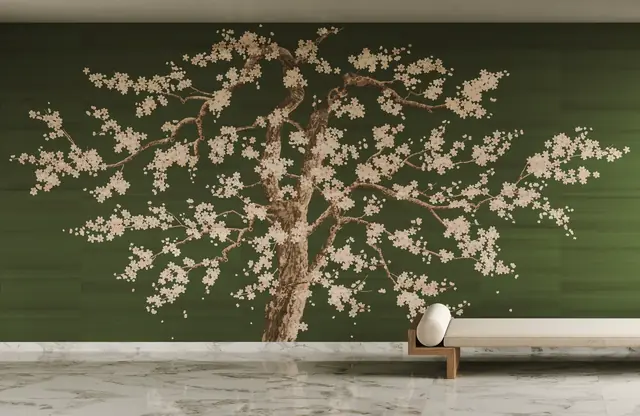 Designer feature wallpaper with a large panoramic blossom tree wall mural