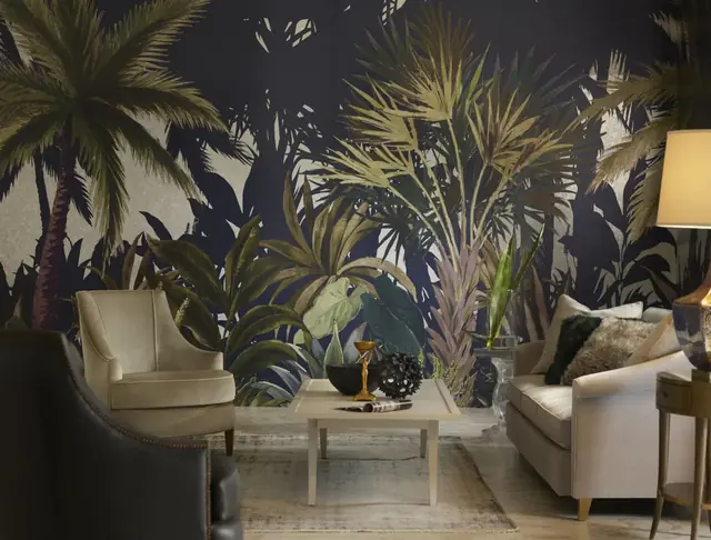 Feature wall wallpaper with a soft scenic landscape mural in a neutral living room