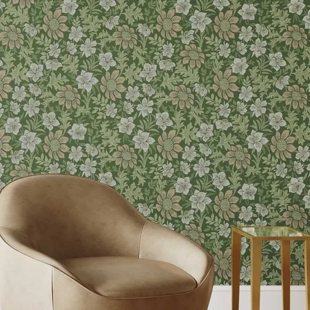 Classic decorative floral wallpaper in soft garden-inspired colours