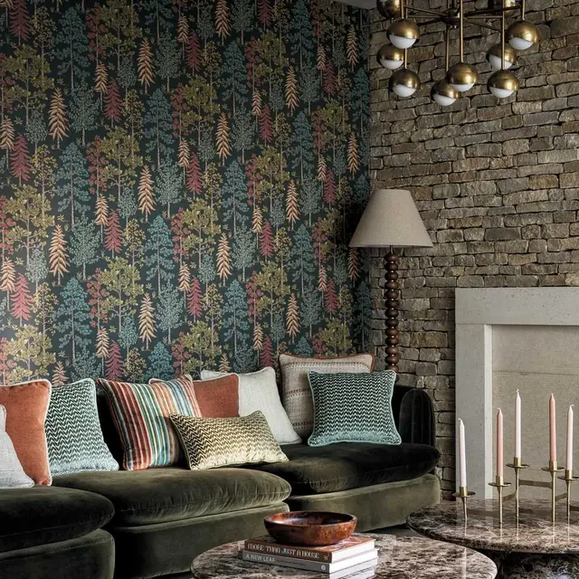 Dark floral and botanical wallpaper with trailing foliage in a dramatic living room