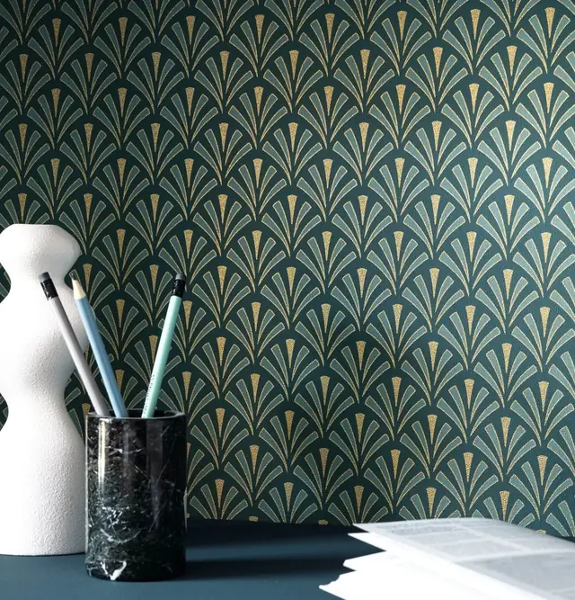Teal and gold Art Deco geometric wallpaper with repeating fan motif