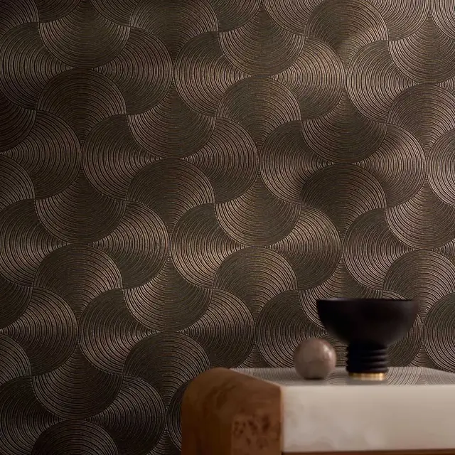 Dark geometric wallpaper with overlapping circular and curved motifs