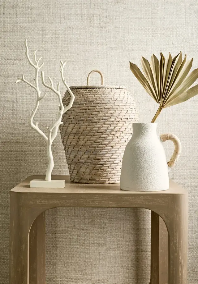 Luxury cream textured raffia wallpaper in an elegant neutral interior