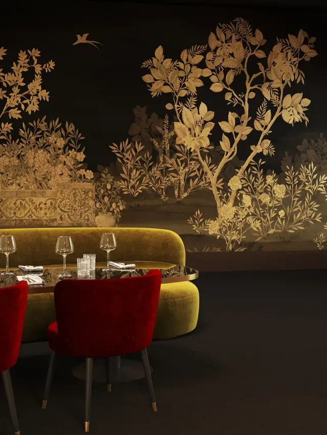 Luxury feature wallpaper with a dark botanical panoramic mural in an elegant dining interior