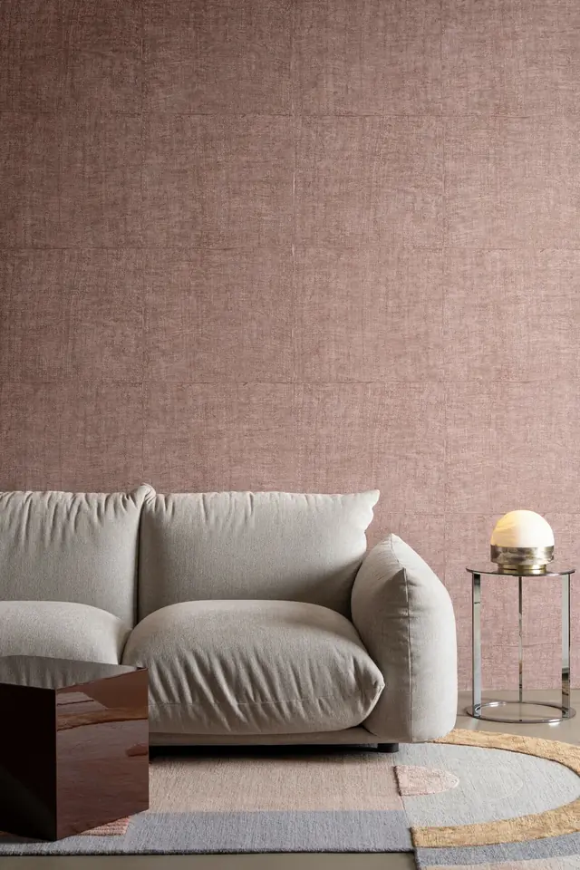 Dusty pink tonal wallpaper in a contemporary living room