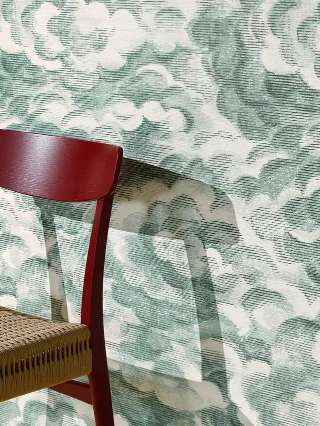 Contemporary green patterned vinyl wallcovering with visible linear texture