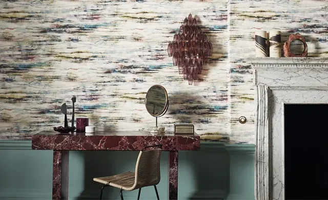 Luxury abstract vinyl wallcovering in a sophisticated interior with marble fireplace