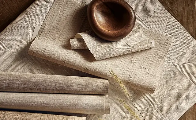 Neutral textured vinyl wallcovering samples showing woven and embossed surface finishes