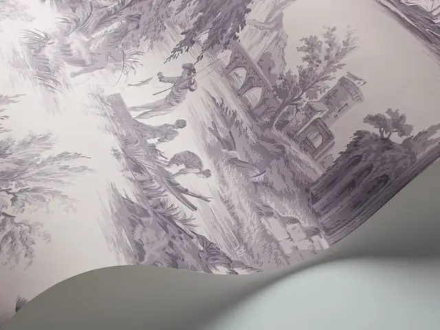 Close view of lilac Villandry toile wallpaper showing engraved line detail and repeat