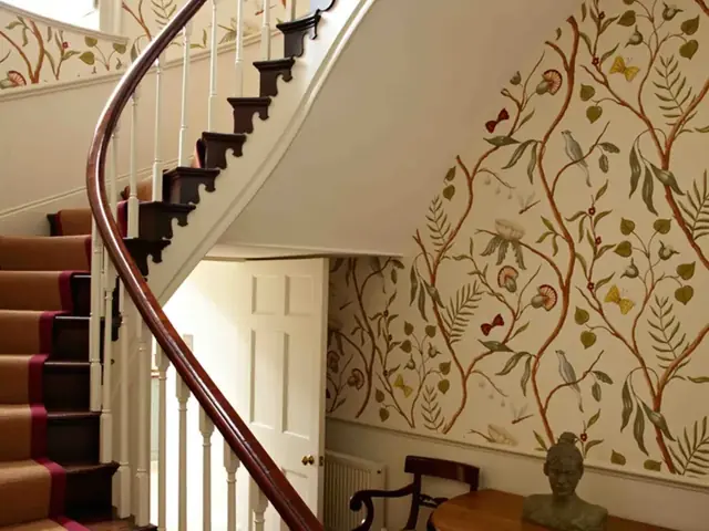 Traditional stylised tree wallpaper with birds and flowers in a period staircase