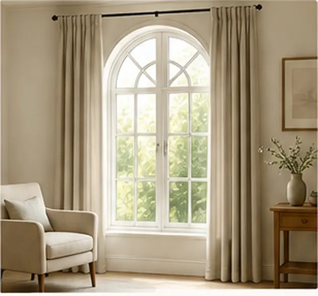 Illustrative arched window dressed with full length neutral curtains