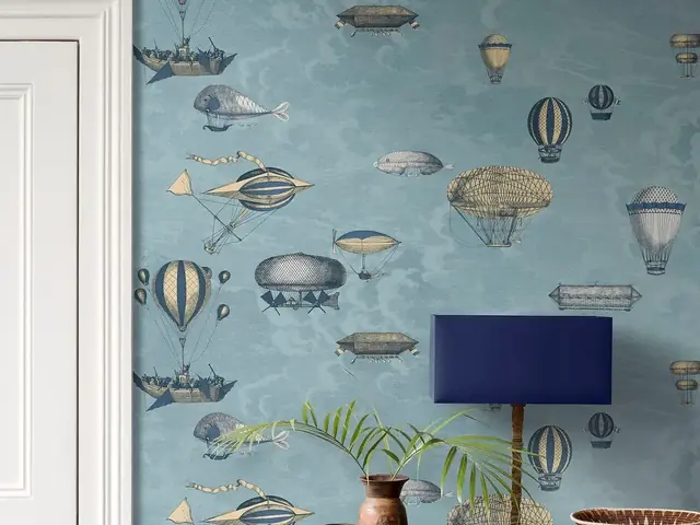 Fornasetti Macchine Volanti wallpaper creating a playful architectural illusion