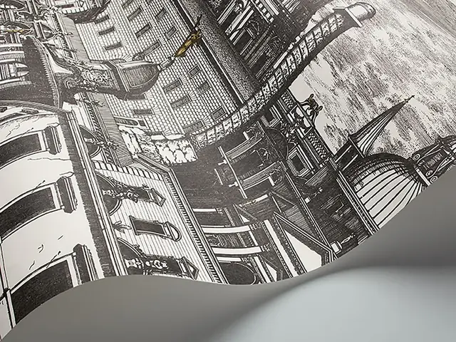 Close-up of Fornasetti Riflesso wallpaper showing its intricate illustrated detail