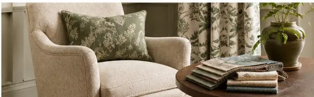 Upholstered armchair with coordinating furnishing fabric samples
