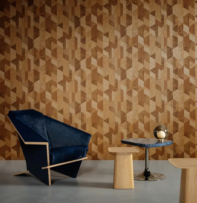 Arte Cedar geometric vinyl wood-effect wallpaper in a contemporary interior
