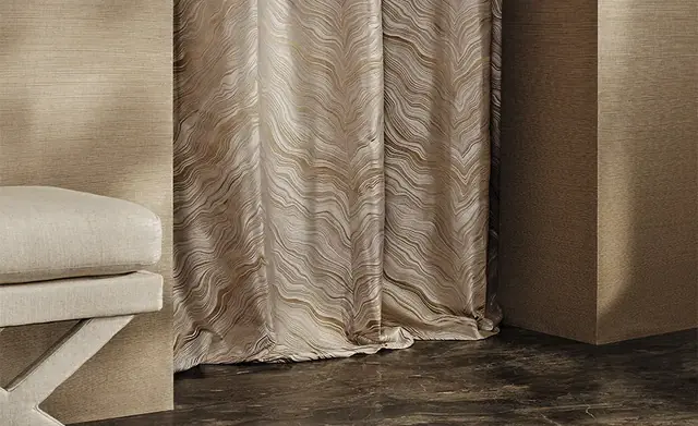 Lustrous patterned viscose curtain fabric with a flowing drape