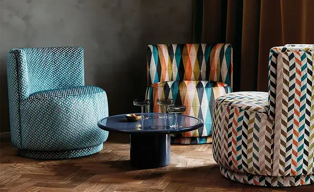 Colourful patterned viscose pile fabrics on contemporary upholstered chairs