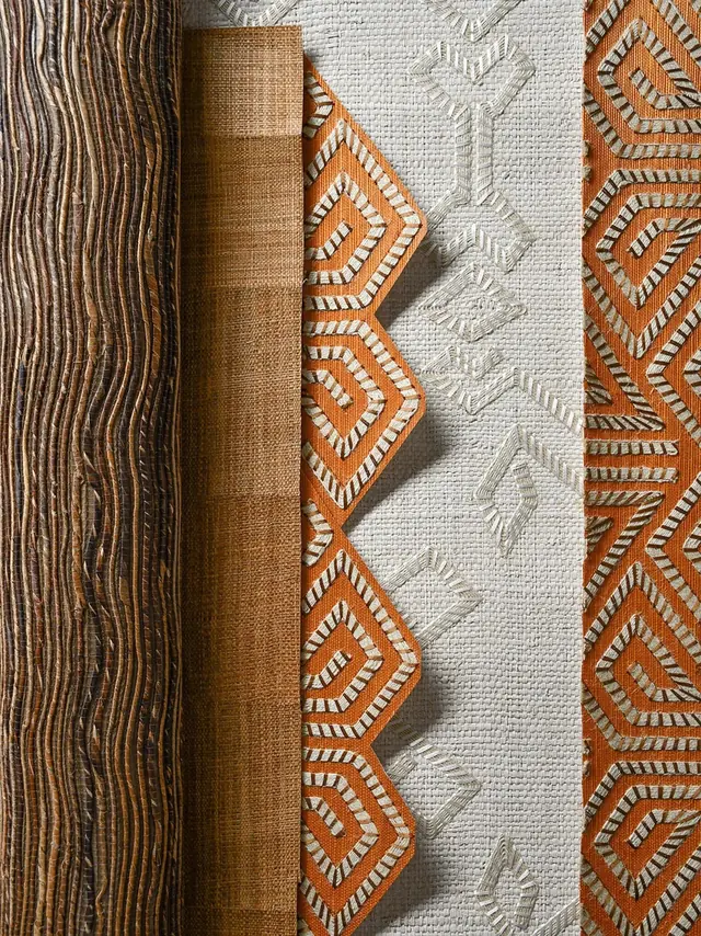 Selection of natural and tactile wallcovering materials showing different textures and finishes