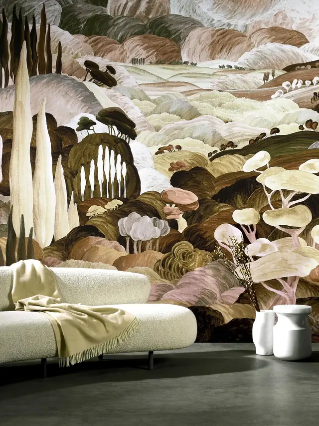 Panoramic decorative wallcovering creating an immersive mural across an interior wall