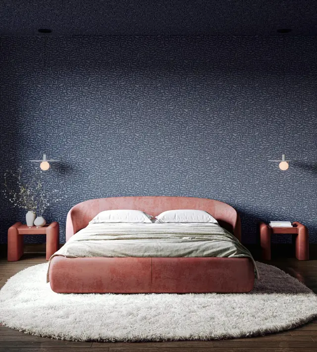 Dark textured vinyl wallcovering used in a contemporary bedroom