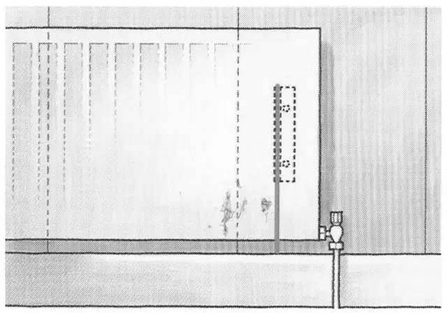 Diagram showing wallpaper cut around radiator bracket positions before being fed behind the radiator