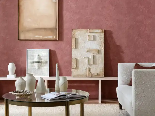 Warm red textured wallpaper in a calm contemporary living room