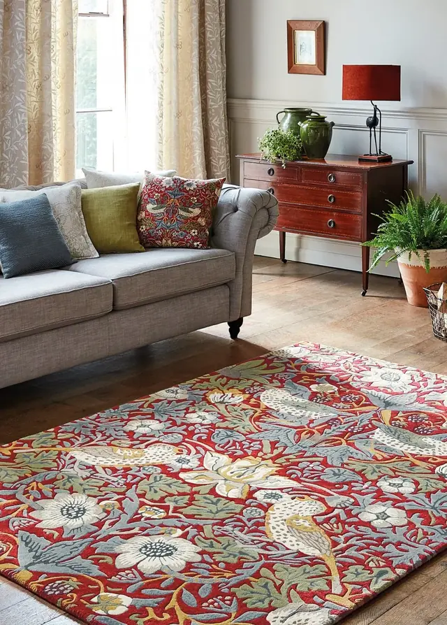 Morris and Co Strawberry Thief rug in an interior