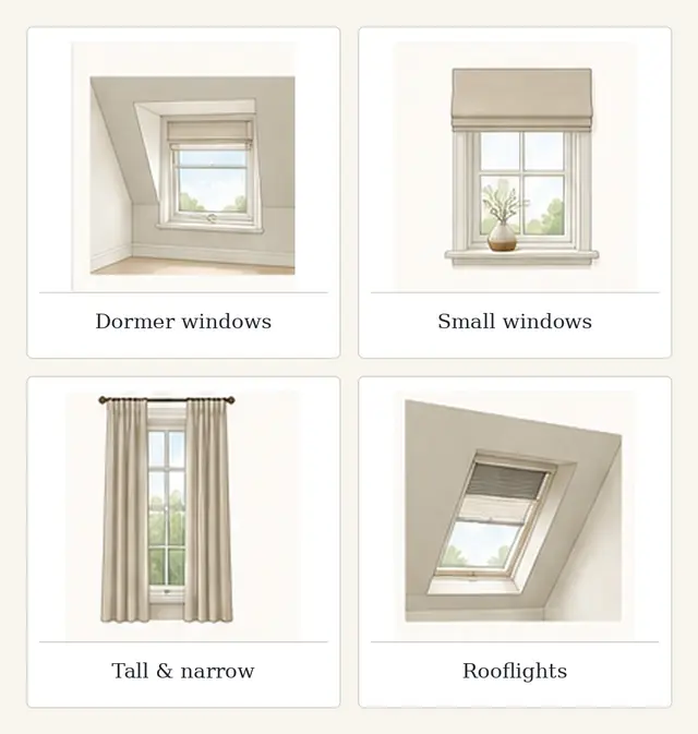 Illustrative comparison of dormer, small, tall narrow and rooflight windows with suitable treatments