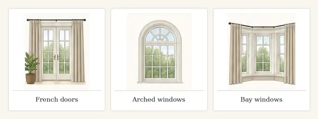 Illustrative comparison of French doors, arched windows and bay windows with curtain treatments