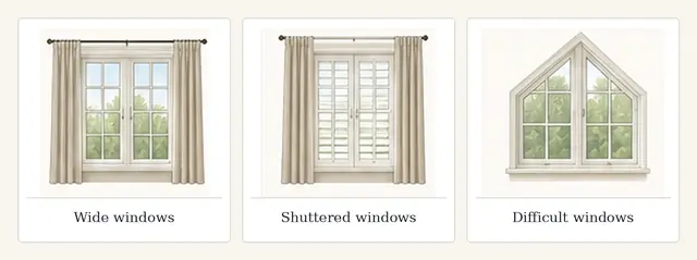 Illustrative comparison of wide, shuttered and difficult shaped windows with window treatments