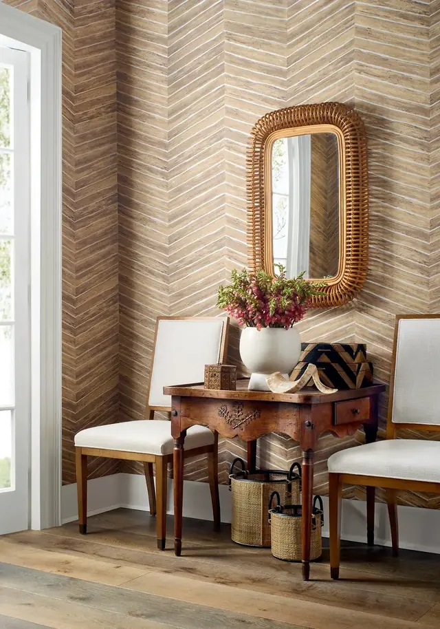 Natural wood-effect Herringbone wallpaper showing staggered rectangular elements