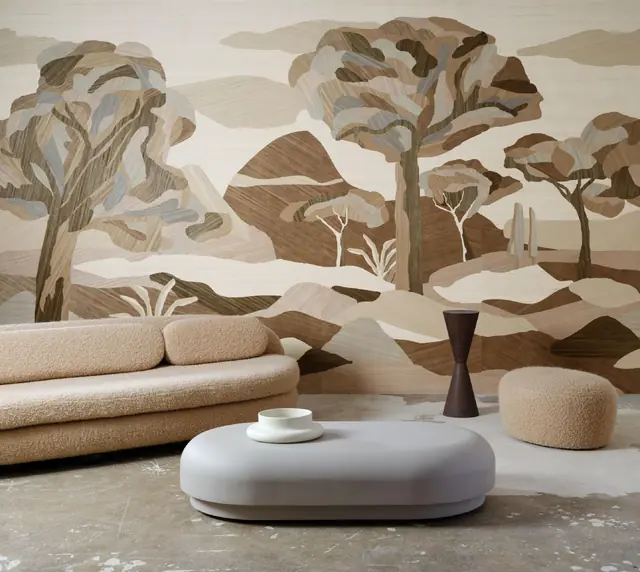 Arte Under the Sycamore Tree hand-inlaid wood veneer panoramic wallcovering