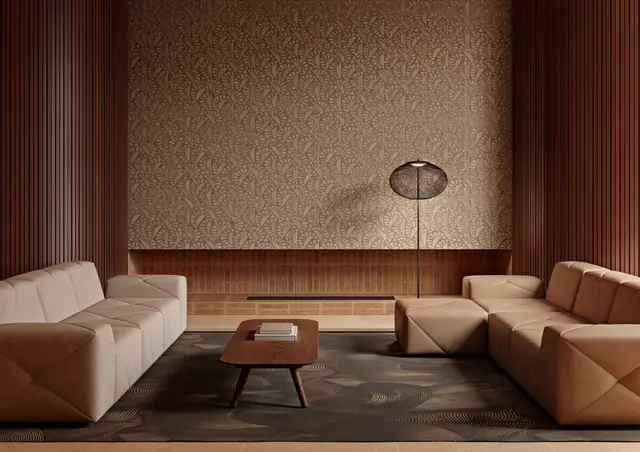 Moooi Woodblock Beetle Flora walnut wood veneer wallpaper in a luxury interior