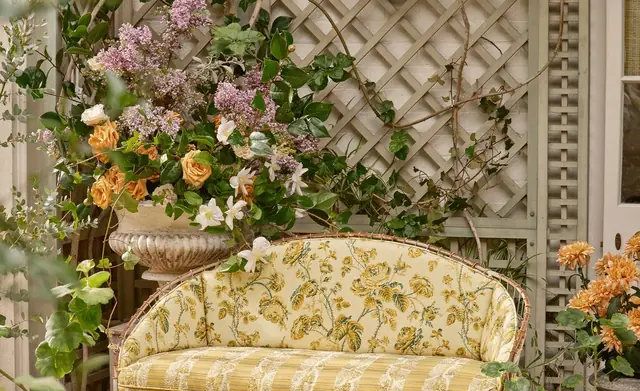 Zoffany patterned fabrics upholstered on a garden seat