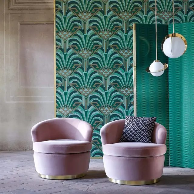 Zoffany Conway green and teal Art Deco wallpaper in an elegant sitting room