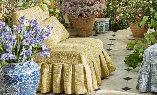 Zoffany indoor-outdoor fabrics on upholstered garden seating