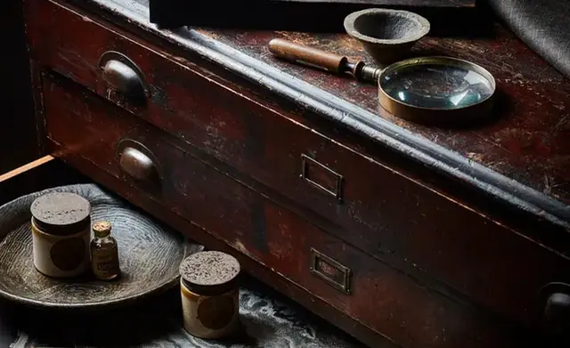 Zoffany paint tin and decorating tools on a dark cabinet