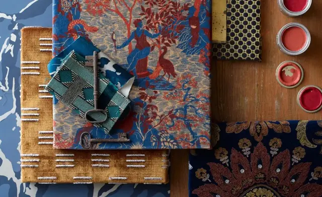 Zoffany fabric, wallpaper and colour materials arranged for comparison