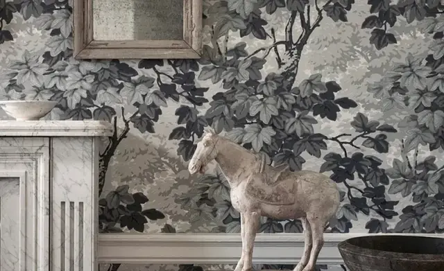 Zoffany botanical wallpaper in a monochrome interior
